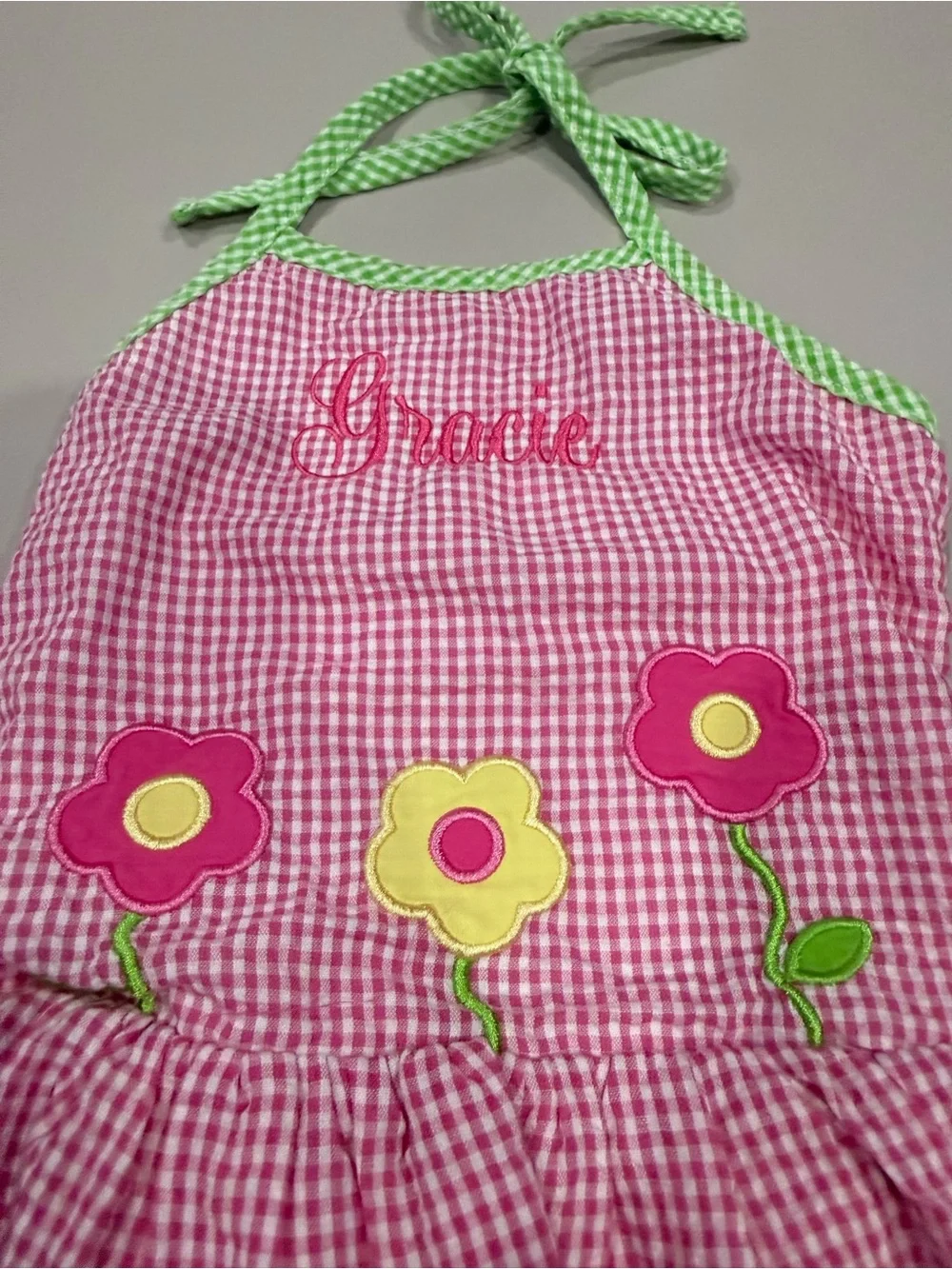 Pink Gingham Floral Girls' Halter Swimsuit 2T like new Embroidery on fron Gracie